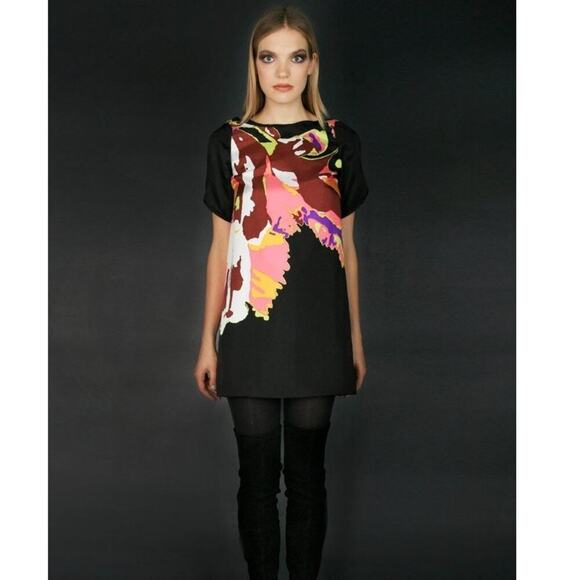 Tibi Black & Colorful Abstract Mini Shift Dress 100% Silk Size 10 - Picture 1 of 9